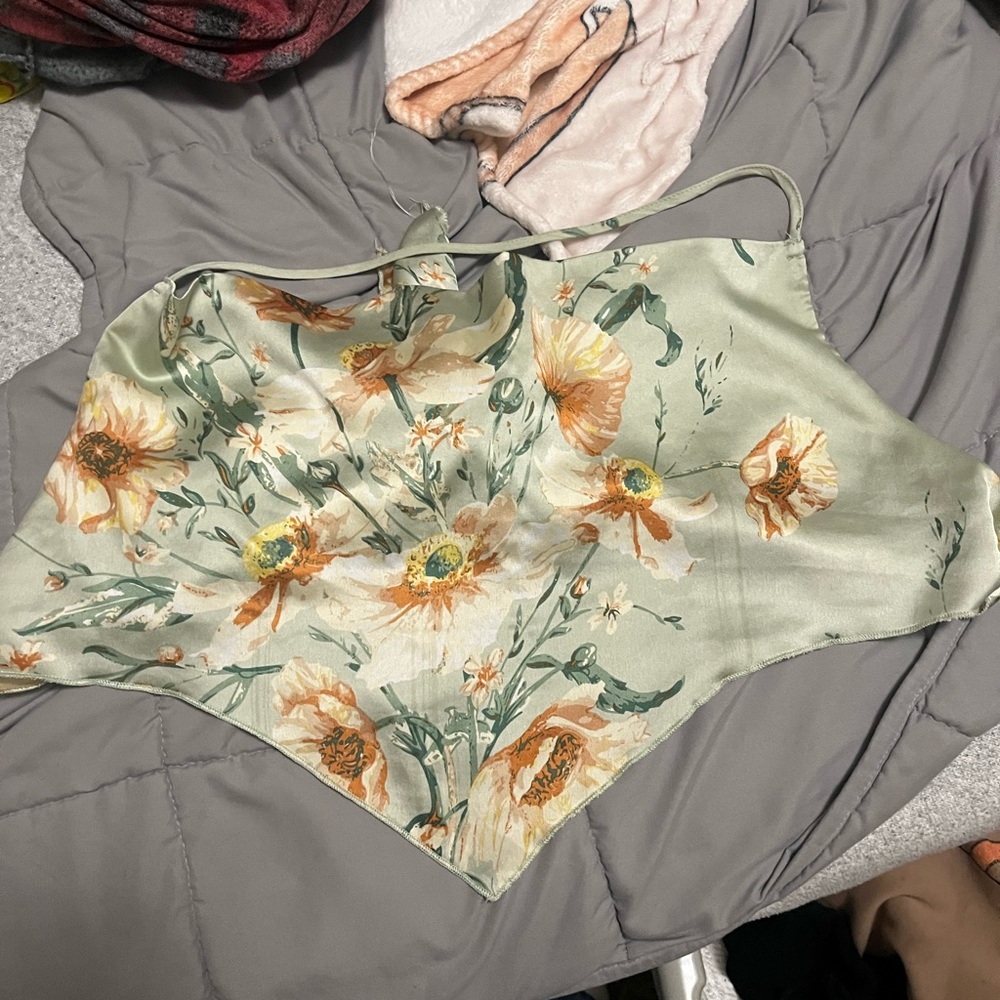 SHEIN Floral Satin Camisole - Light Green and Orange